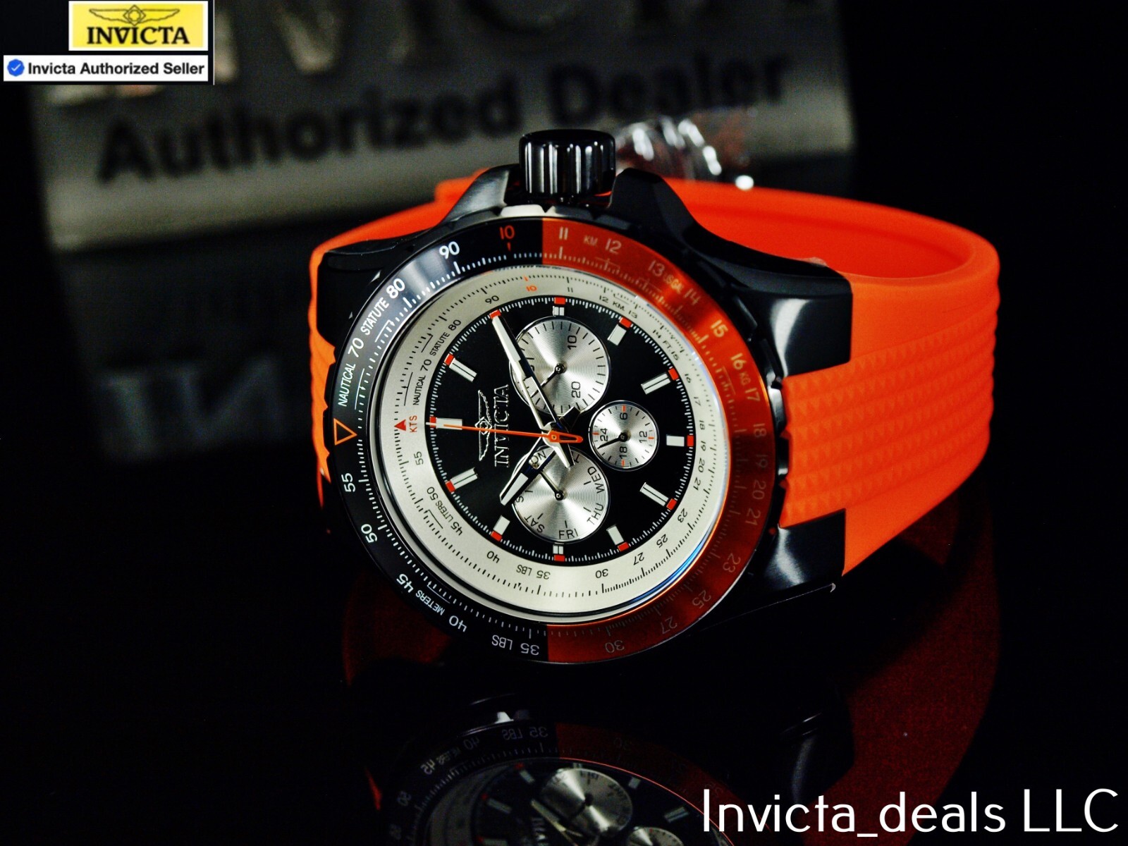 Invicta Men’s 50mm AVIATOR NAUTICAL Series Quartz BLACK DIAL Orange Tone SS Watc