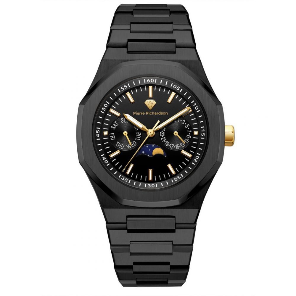 PIERRE RICHARDSON Men Watch Leather Black Silver Rose Gold St. Steel Waterproof
