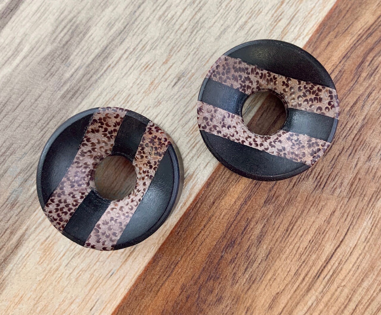 PAIR Coconut & Areng Wood Striped Tunnels Plugs Organic Gauges Body Jewelry