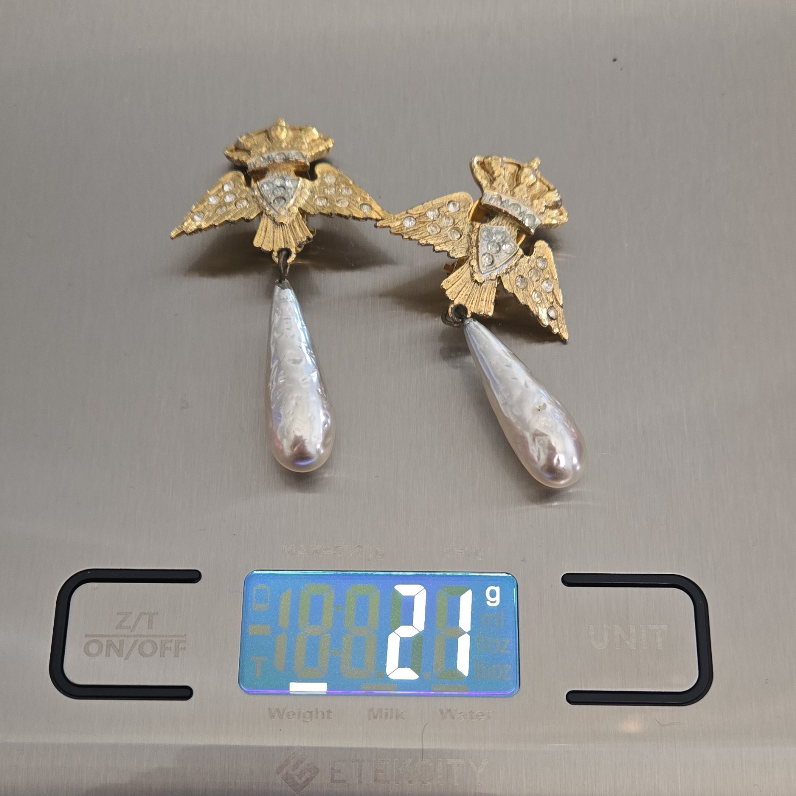 Vintage Gold-Tone Dangle Clip-On Crown Eagle Earrings w/Faux Pearl Item#0019