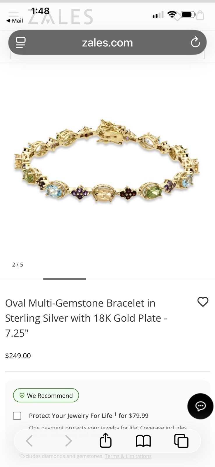 Zales 18K Gold on Sterling Silver 925 Multi Gemstone Tennis Bracelet Fits 7.5″