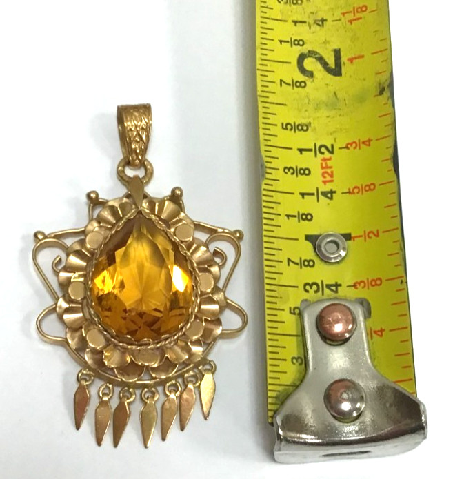 MA3) 19k Portuguese Gold 7.0 Grams Large Pear-cut Yellow Stone Pendant 2″ Length