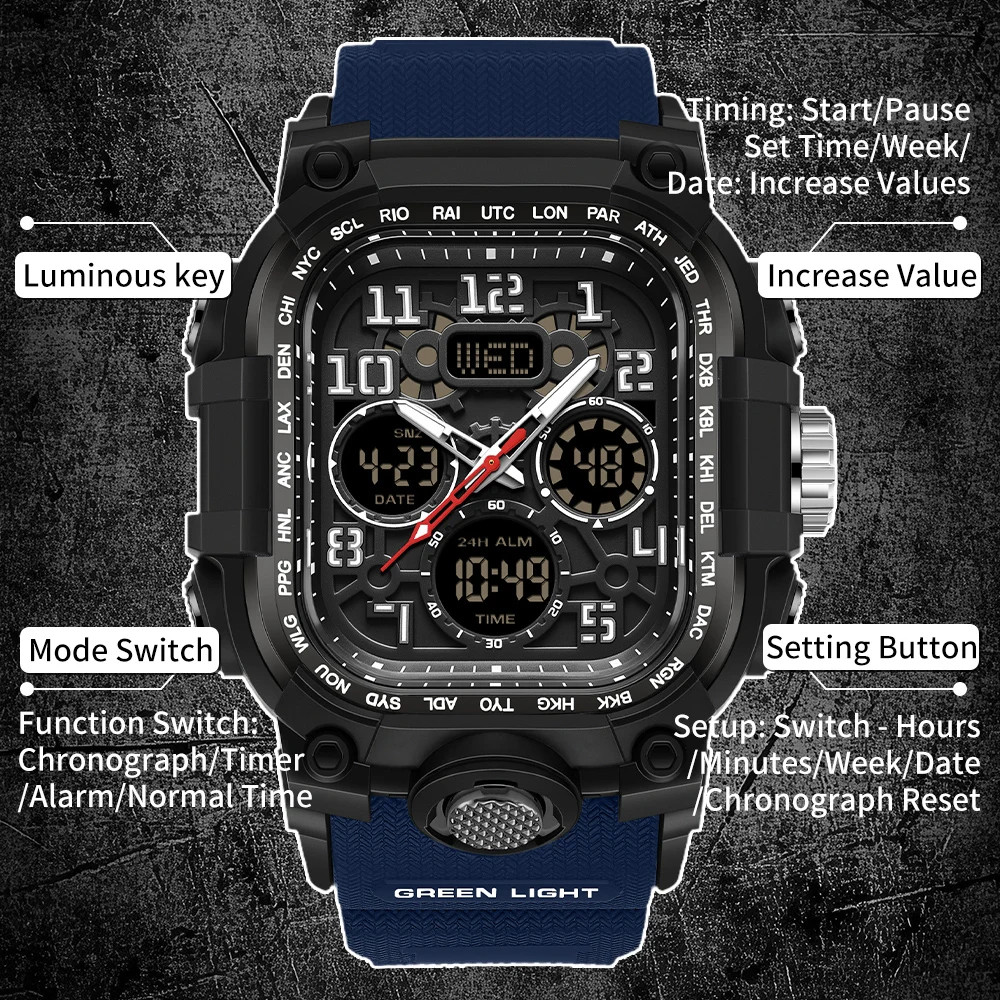 Men’S Outdoor Sport Wristwatch Big Dial Dual Display Luminous Waterproof TPU Ban