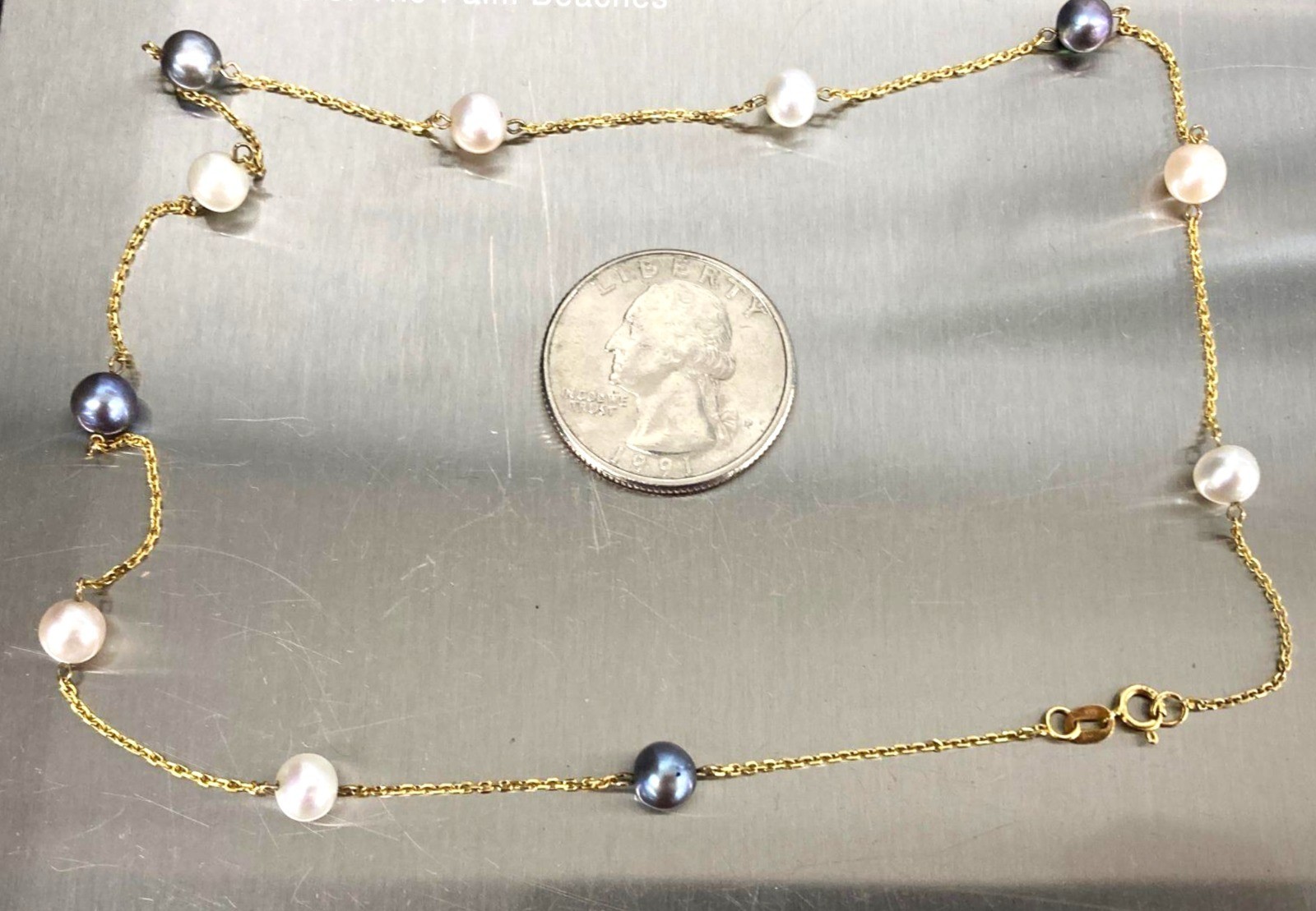 14K Solid Yellow Gold w/ Black & White Pearl Station Necklace 16″ 4gr Signed RCI