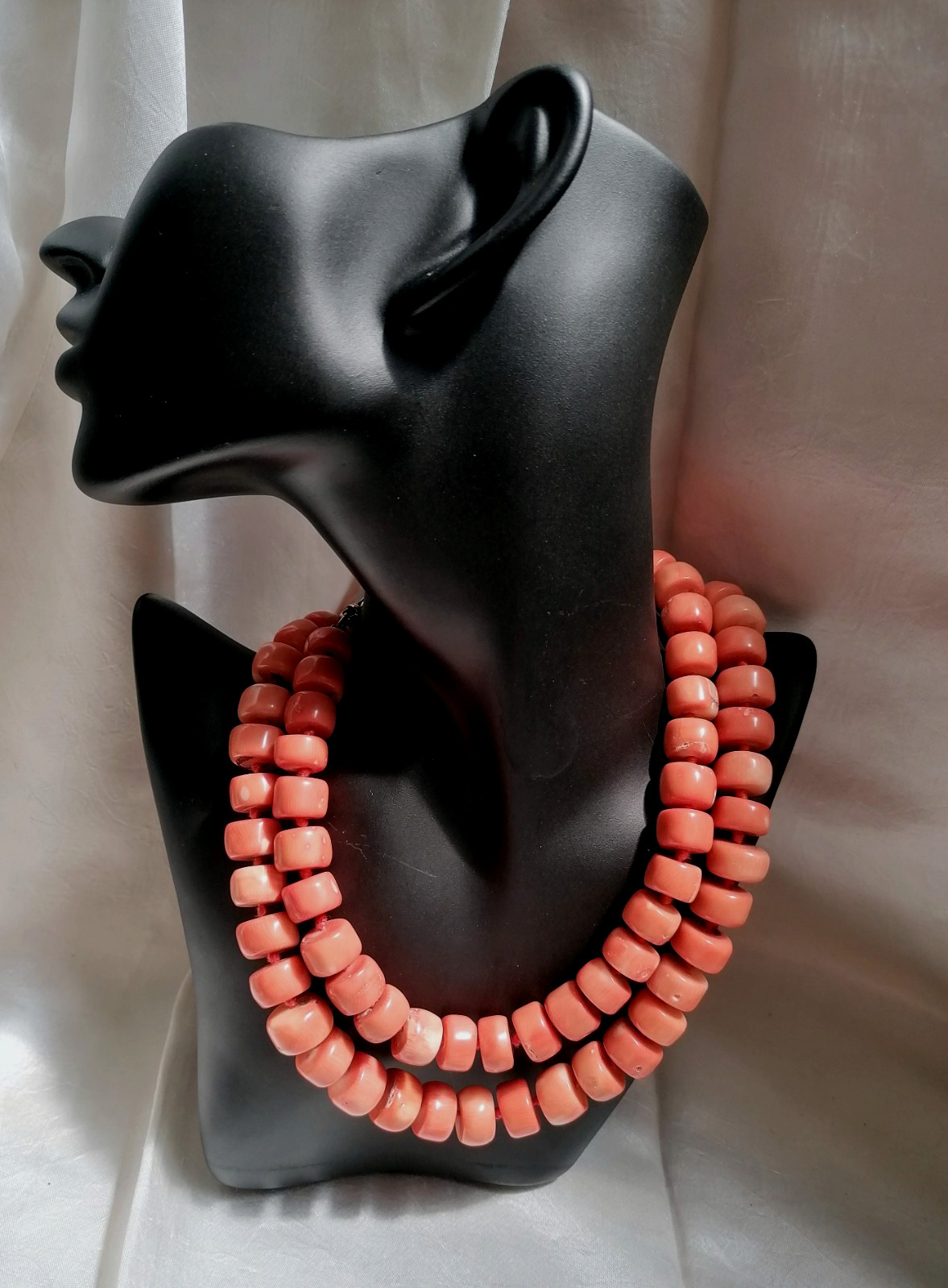 SPECTACULAR MAXI LONG NECKLACE CORAL BAMBOO SALMON CLASP SILVER GOLD.