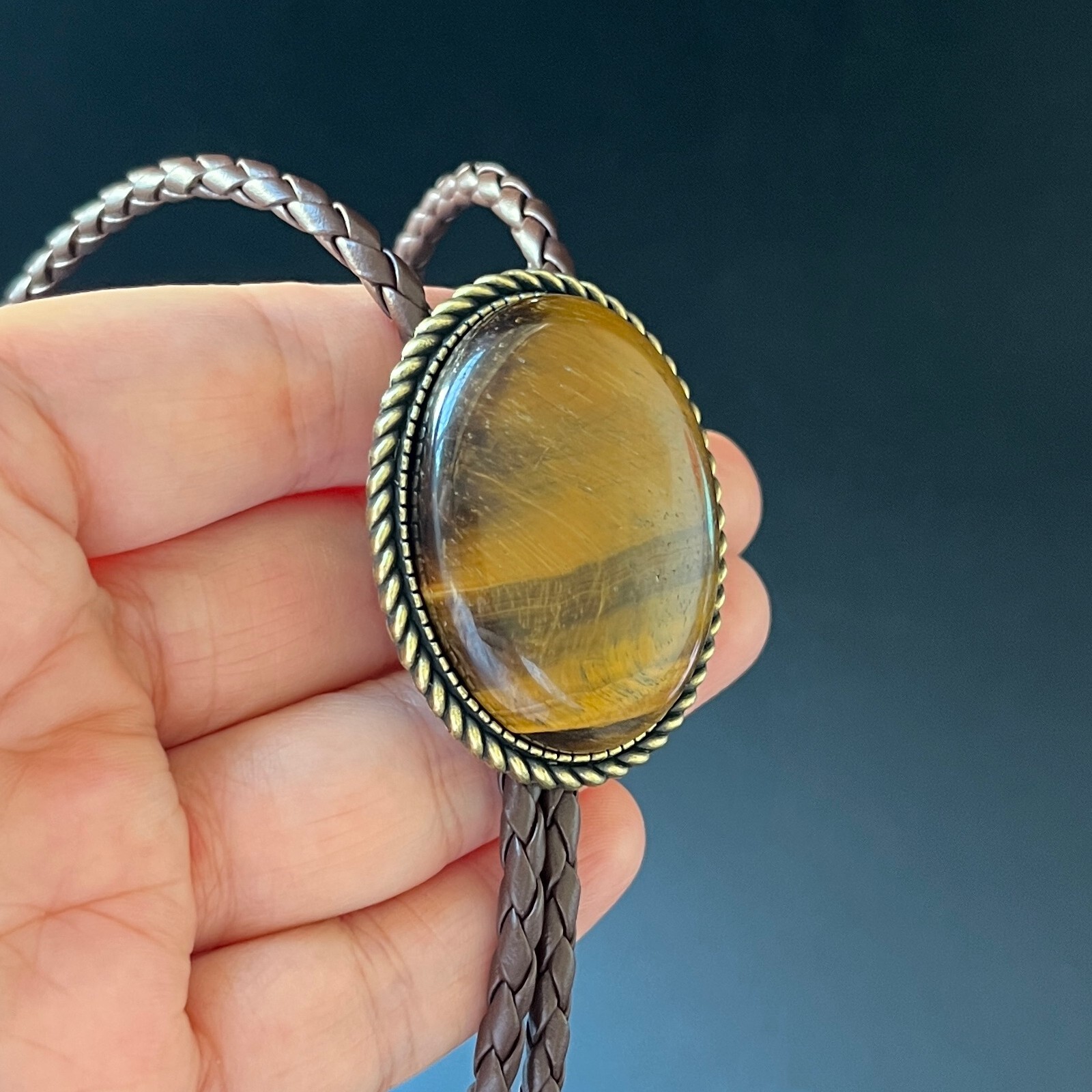 Natural Tiger’s Eye Stone Bolo Tie Western Cowboy Alloy PU Rope Wedding Necklace