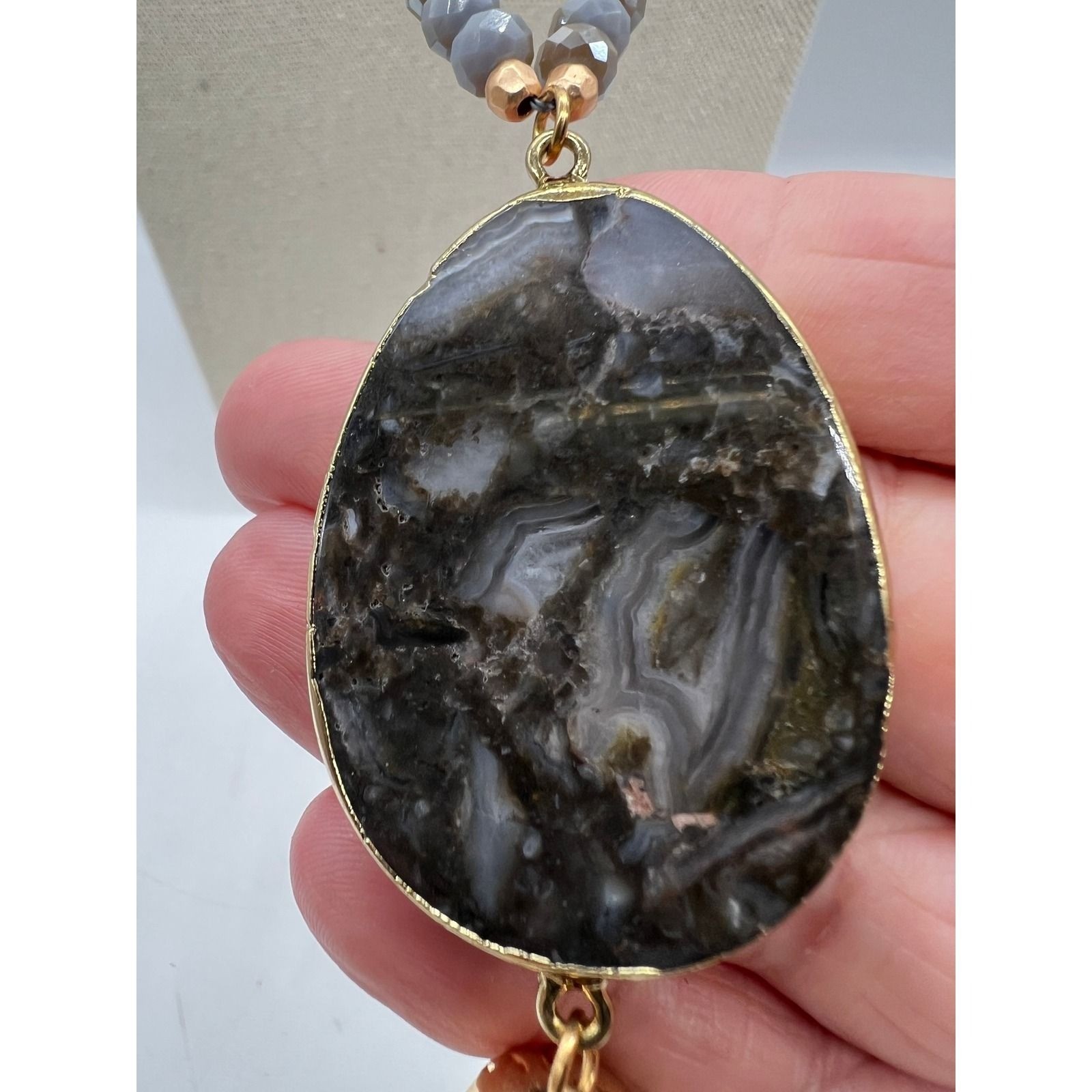 Gray Agate Slice Tassel Pendant Necklace Boho Statement Long Beaded Gray Stone