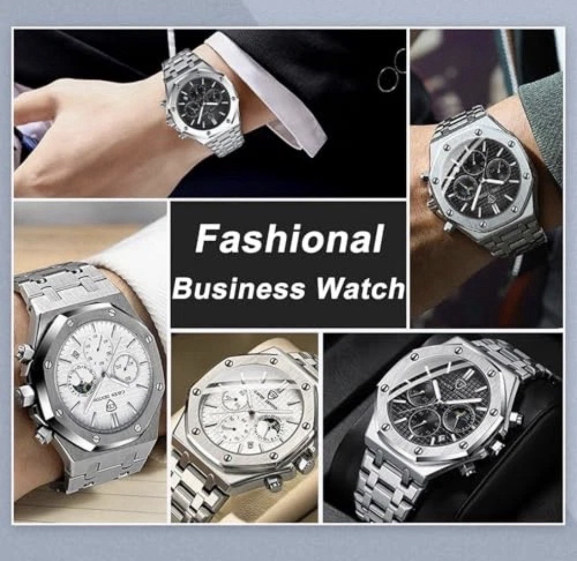 Luxury Men’s Watches Octagonal Classic Business Watches for Men Silver – Black