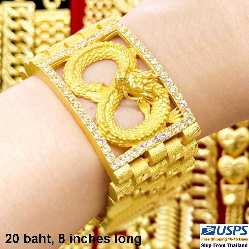 H15 Carved Diamond Dragon Bracelet 24k Gold Plated Jewelry Weight 20 Baht 8″
