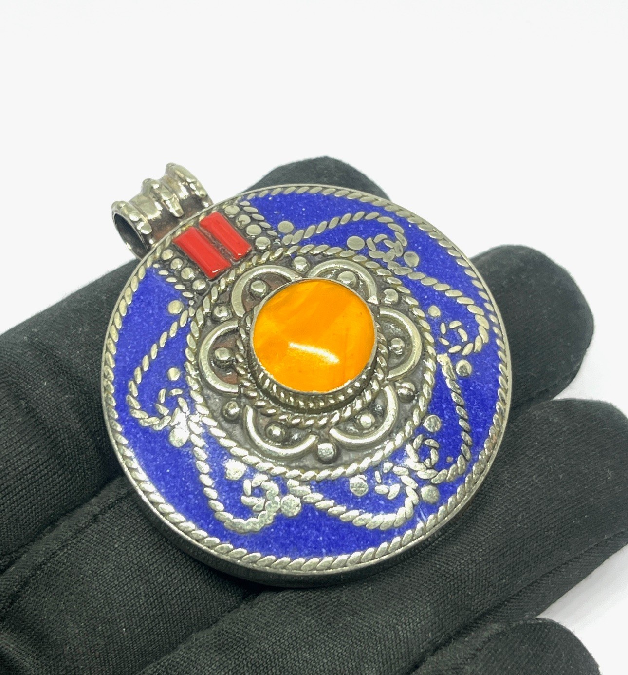Art Deco Lapis Lazuli Amber Gemstone Tibetan Style Pendant Jewelry, 2.0 inch