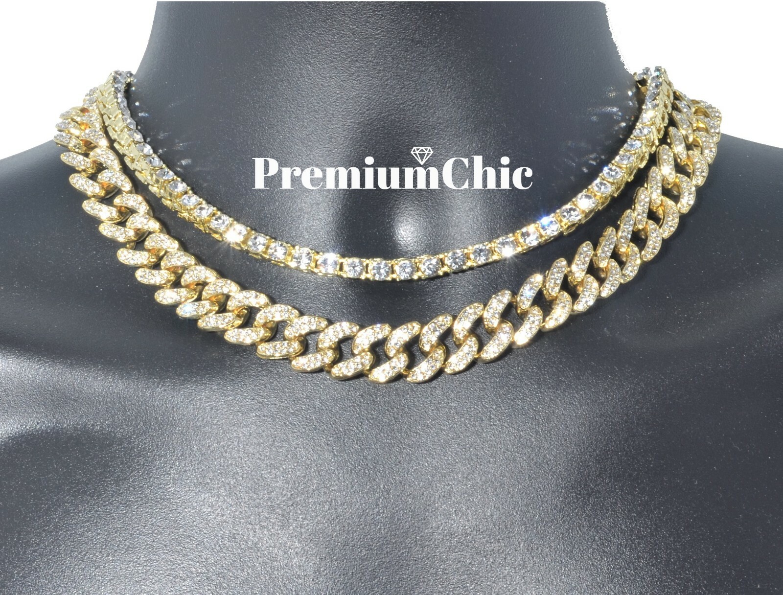 Tennis Chain + Miami Cuban Choker Hip Hop Men Gold / Sliver Plated CZ Necklace