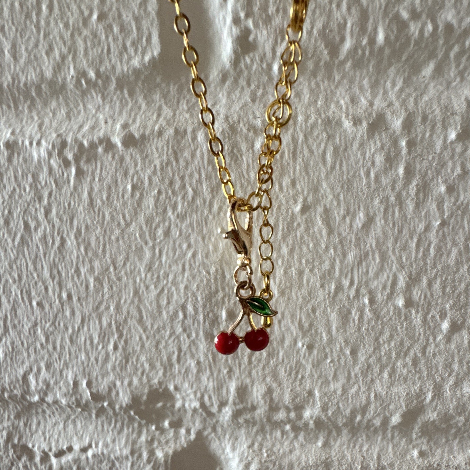 Gold Tone Cherry Charm Pendant Necklace Cable Chain Lobster Clasp Red Green