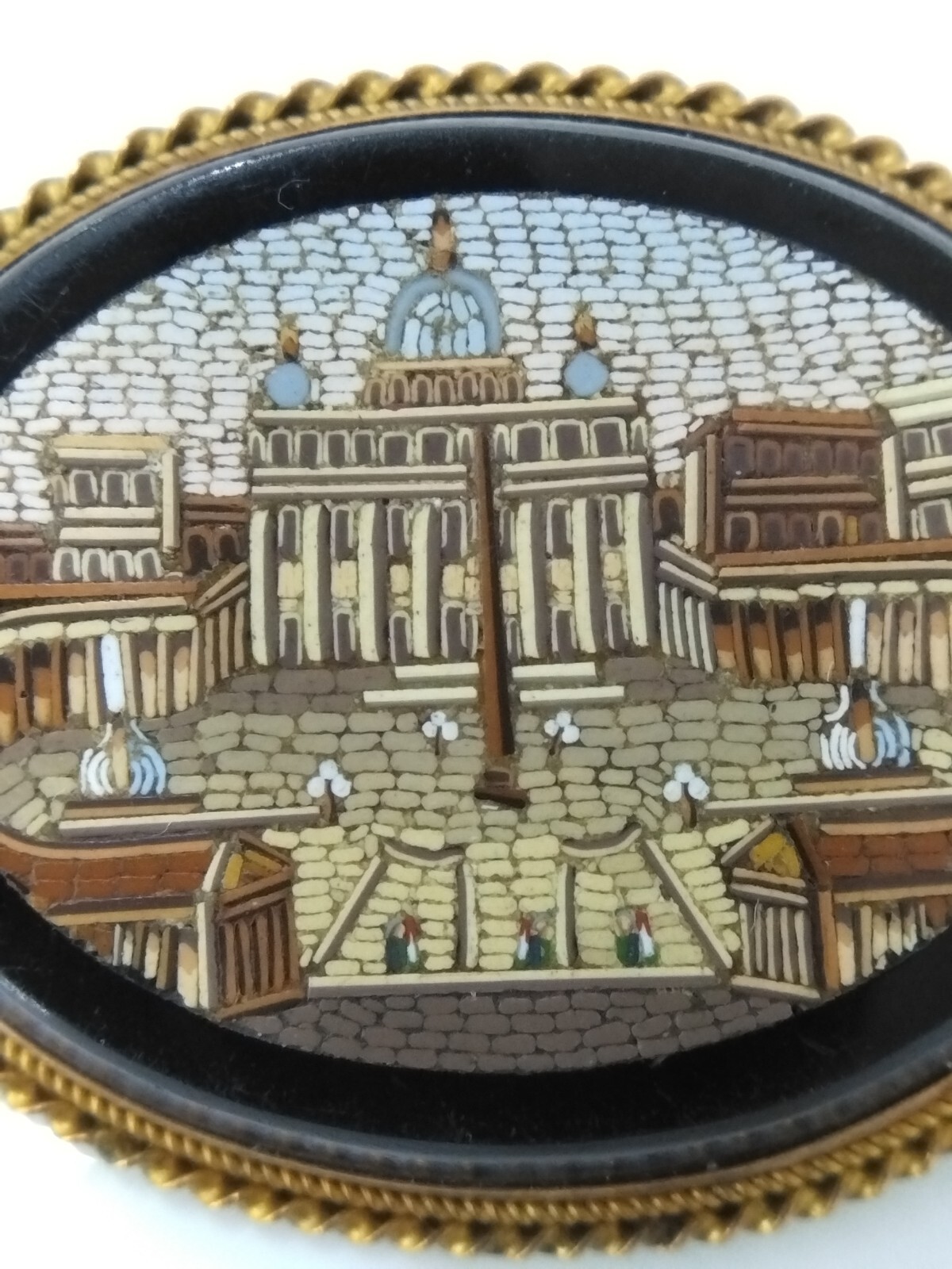 18K Yellow Gold Antique Victorian Gold Pietra Dura Italy Mosaic Pin Brooch FZZ