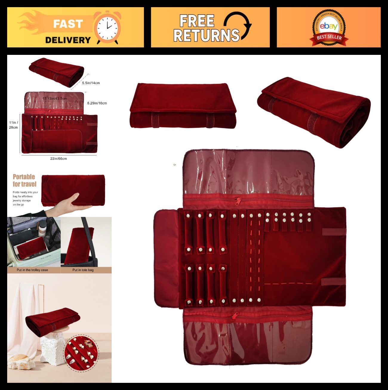 Velvet Travel Jewelry Organizer Case Roll Bag for Necklaces, Bracelets, Earrings