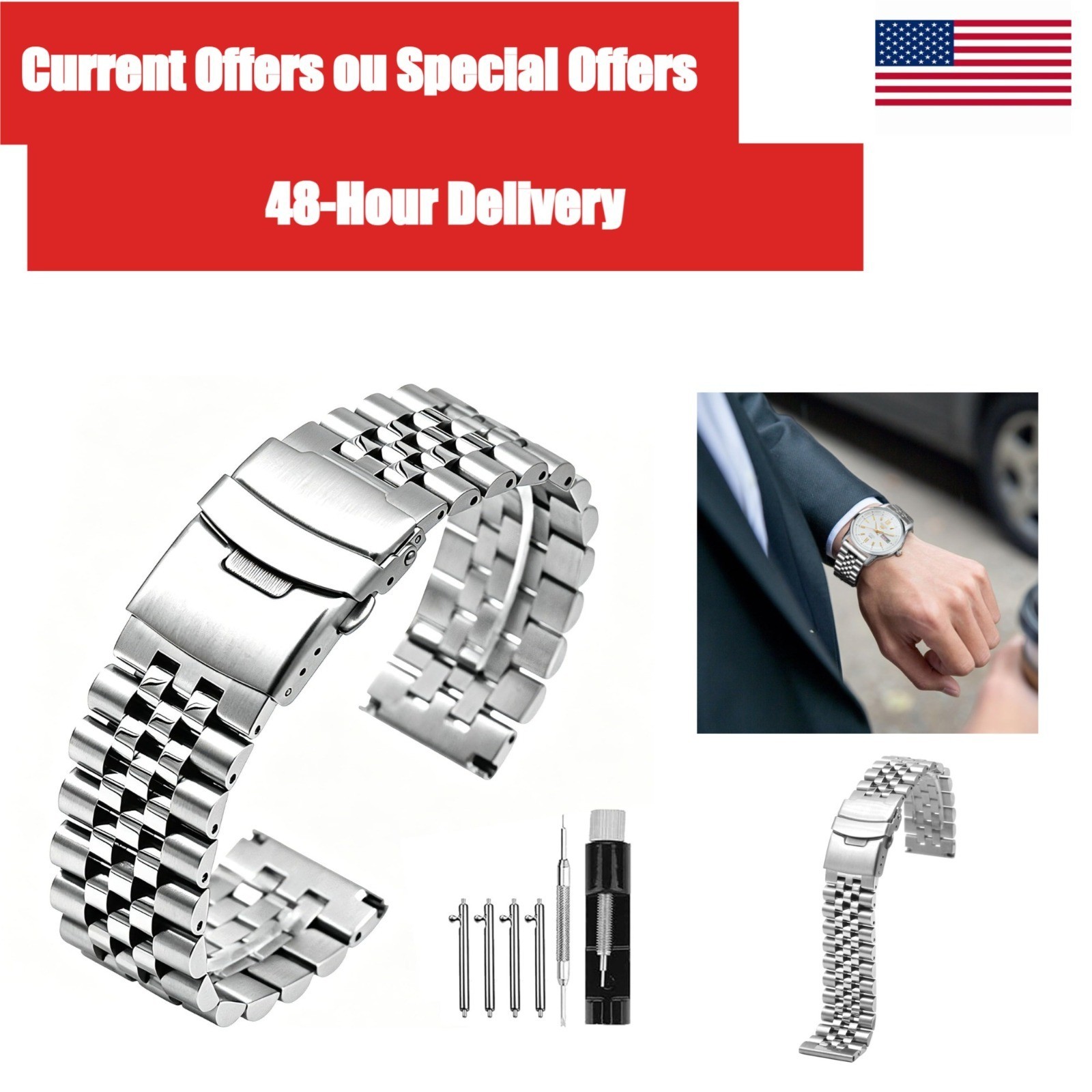 SINAIKE Stainless Steel Watch Bracelet Band Silver Deployment Buckle