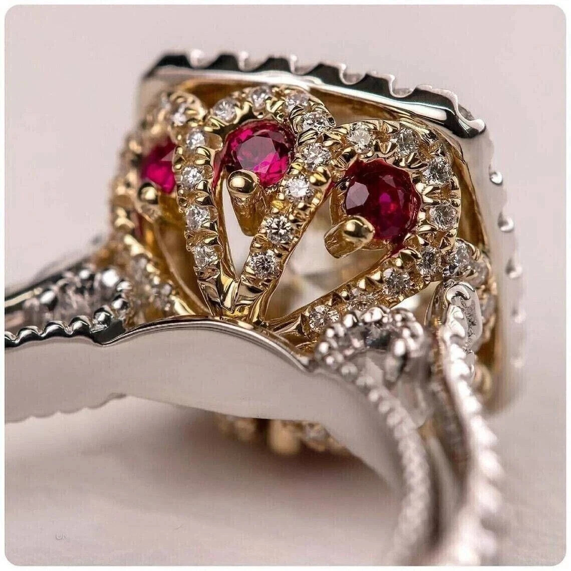 2.50Ct Ruby & Simulated Diamond Anniversary Ring 14K Two Tone Gold Plated