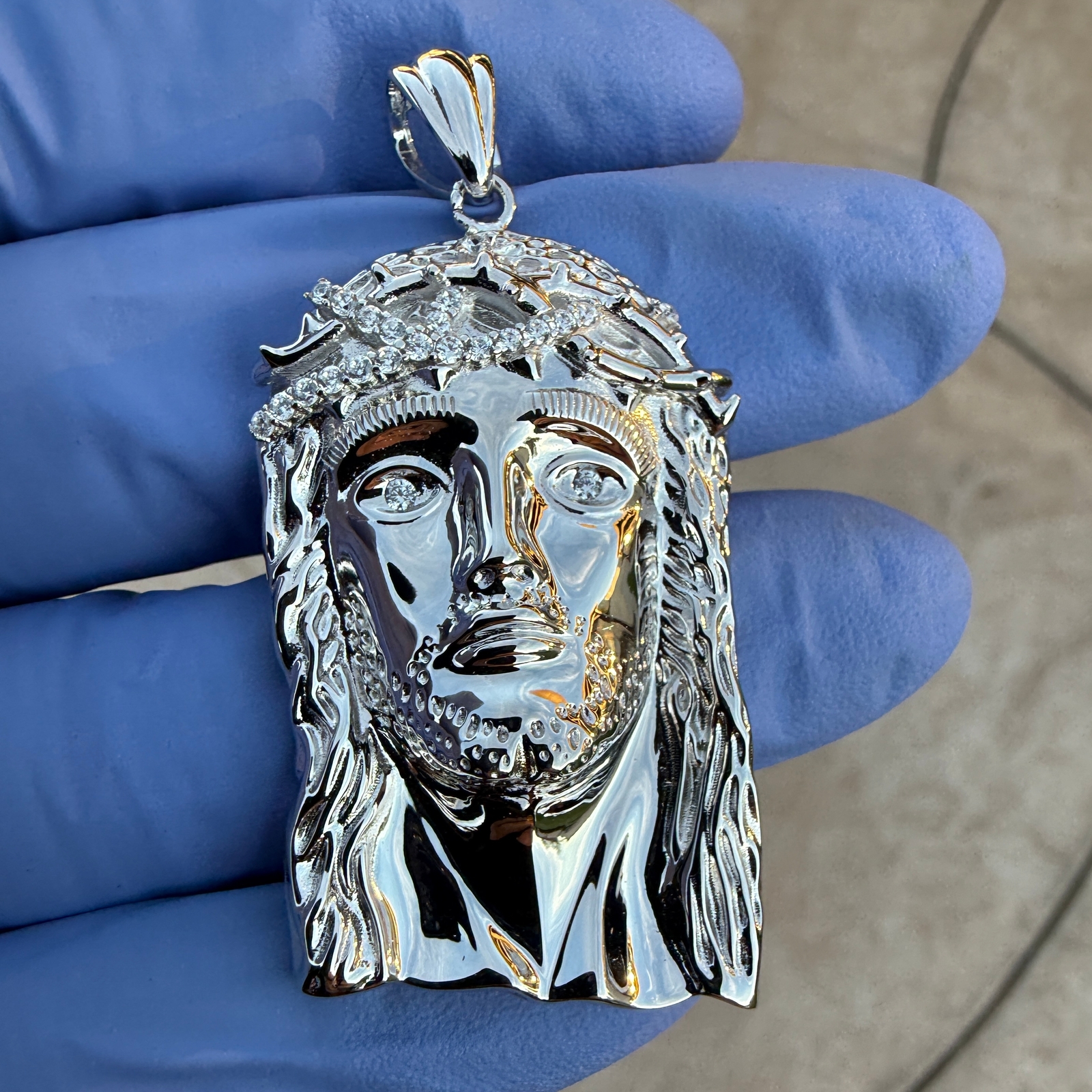 Real Solid 925 Sterling Silver Jesus Head Italy Pendant CZ Crown Medium 1.75″
