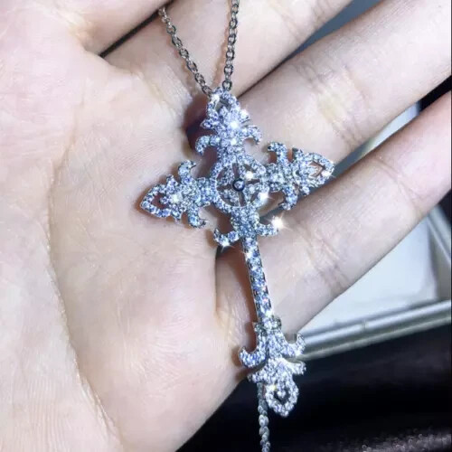 2Ct Lab Created Diamond Round Cross Pendant 14K White Gold Silver Plated Chain
