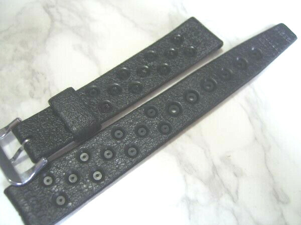 AUTHENTIC 60’S NOS TROPIC 16MM SWISS PERFORATED BLACK RUBBER BAND STRAP *6690