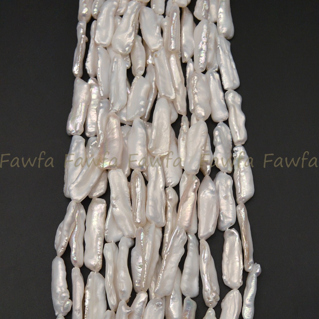 25-30mm Natural White Unique Biwa Long Baroque Freshwater Pearl Loose Beads 15”