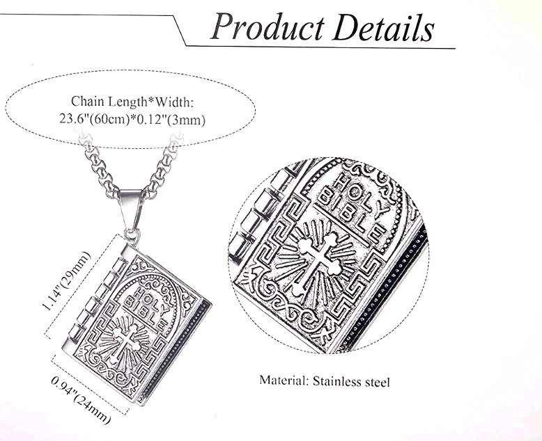 Men Women Openable Holy Bible Book Verse Prayer Christian Pendant Necklace 27 in