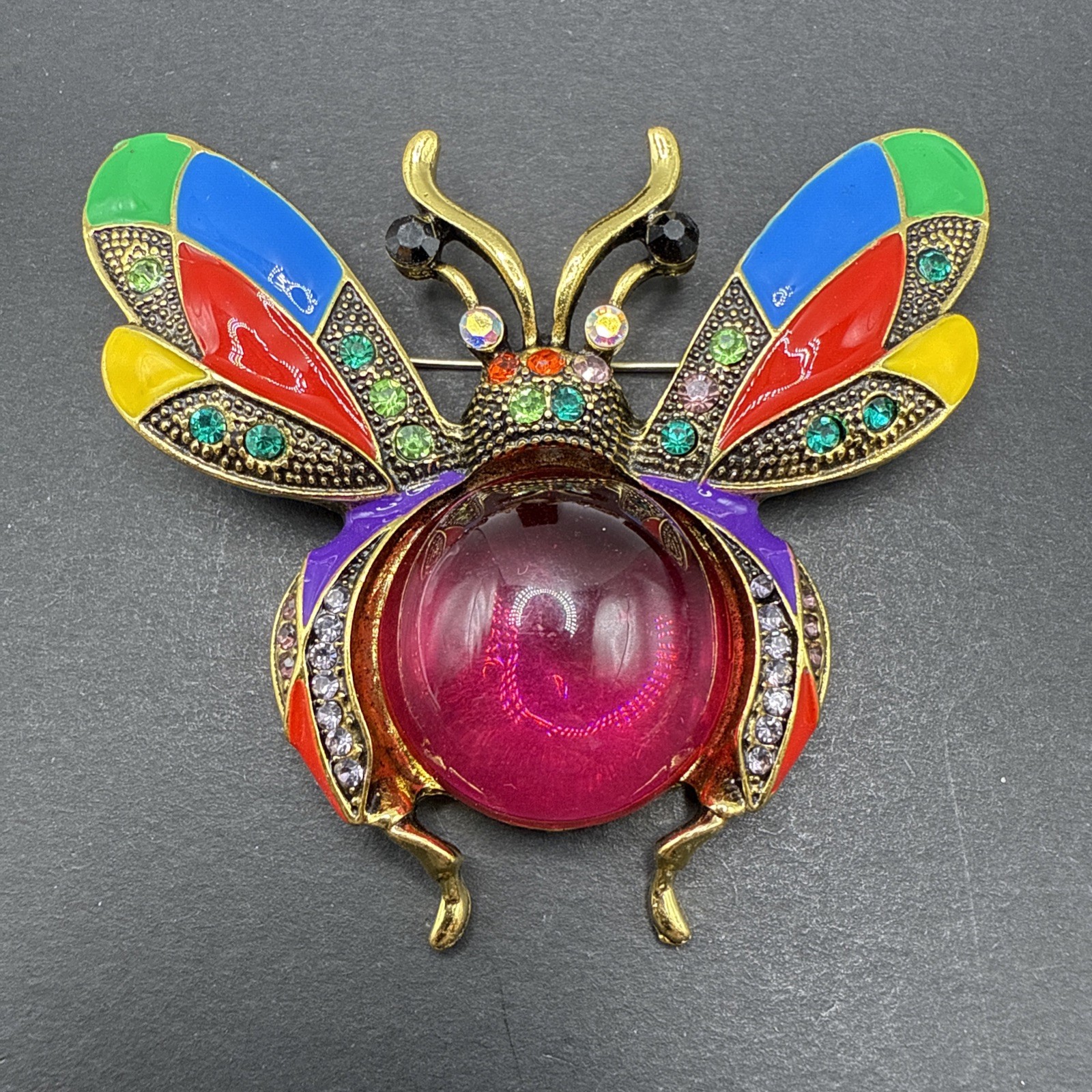 Large Bee Brooch Pin Pink Belly Colorful Wings J26