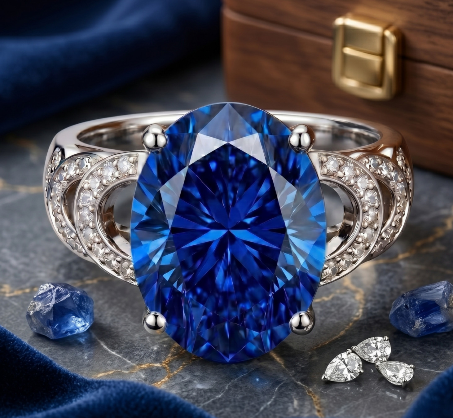 7.00 Ct Certified Oval Cut Blue Natural Diamond Ring VVS1 White Gold Finish