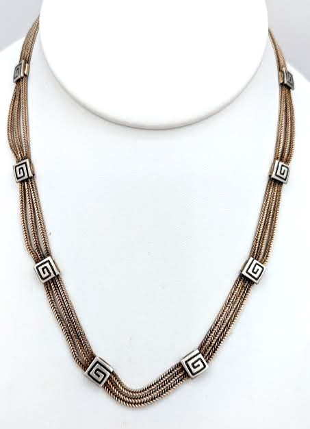 Vintage Necklace Greek Key Triple Strand Choker Sterling Silver 14 Inch