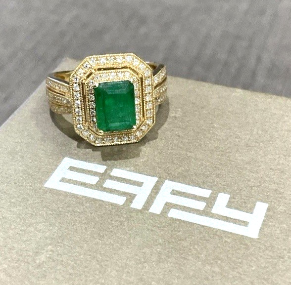 EFFY Emerald Diamond Double Halo 14k Yellow Gold Ladies Cocktail Ring