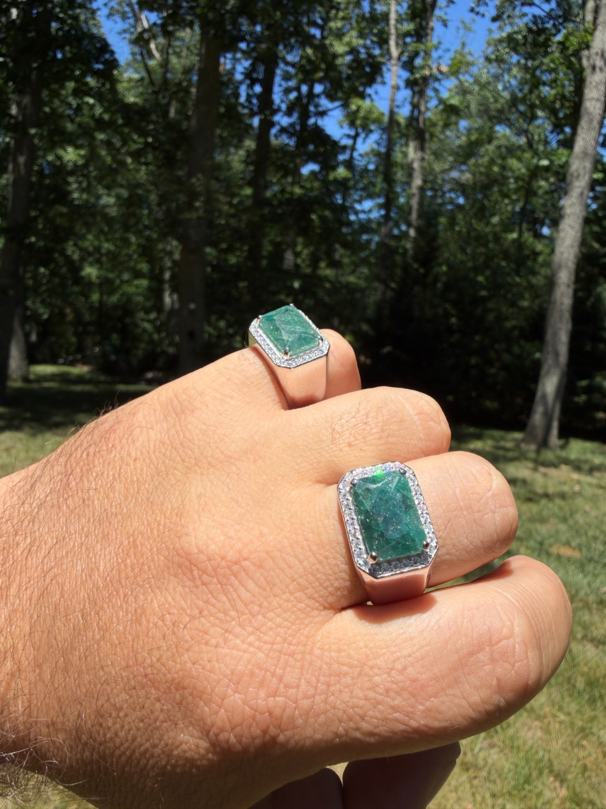 MOISSANITE Iced Natural 9ct Rectangle Green Emerald Stone Ring 925 Silver