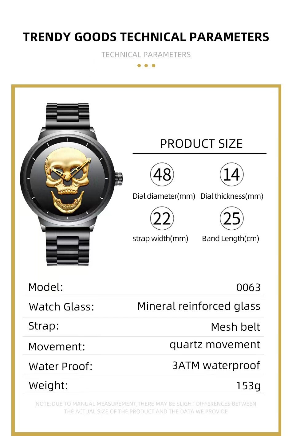 Men’s Hip Hop Skull Fashion Quartz Wristwatch Stianless Steel Waterproof Watch