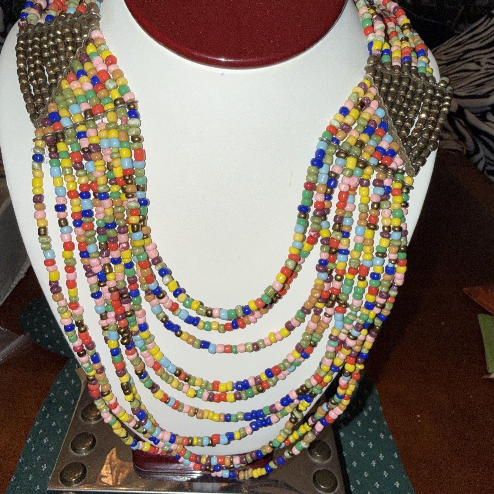 African Tribal 10 Strand Beaded Necklace Lobster Style Clasp. 17” Necklace Only