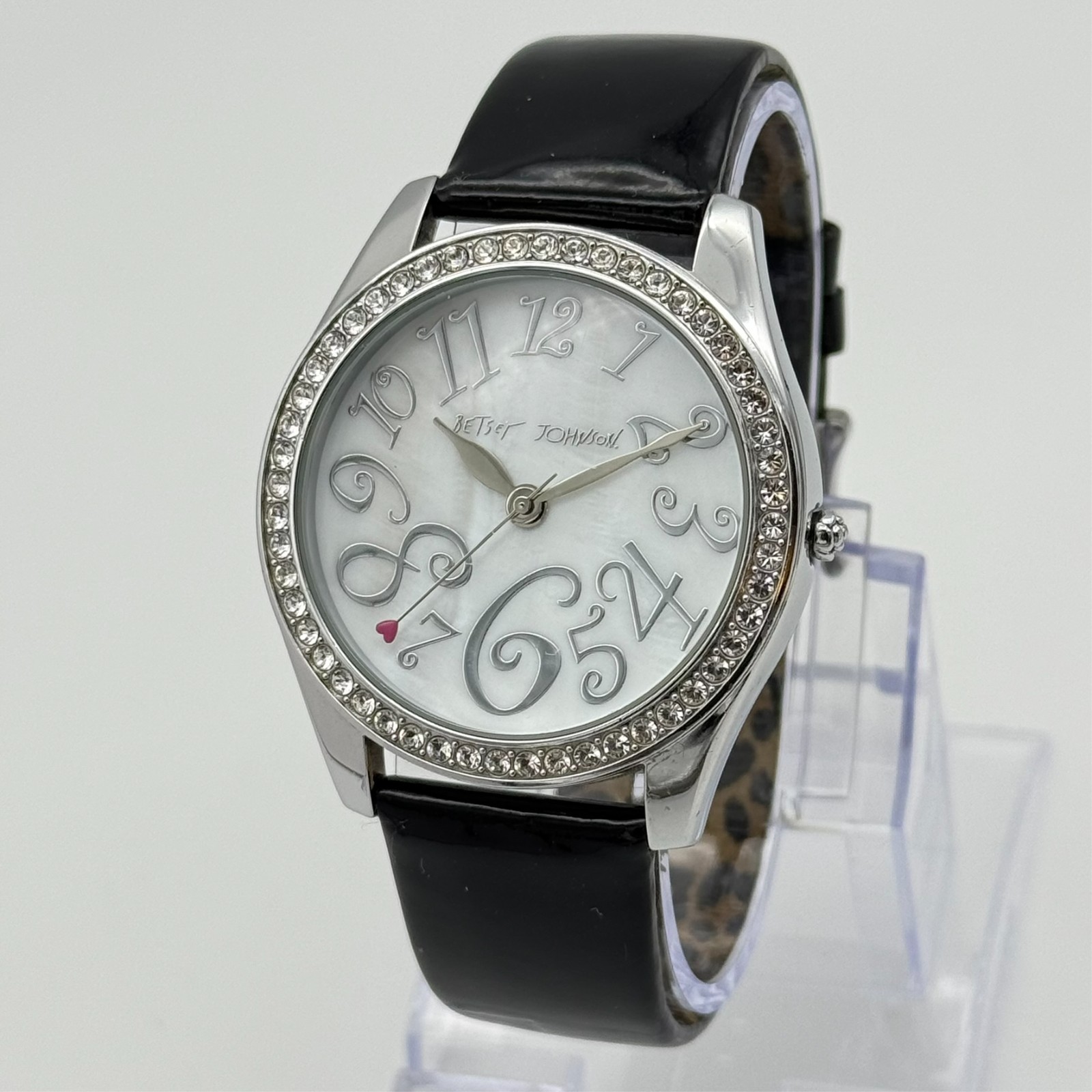 Women’s BETSEY JOHNSON Crystal Bezel Watch Black Patent Leather Band 40mm BJ2155