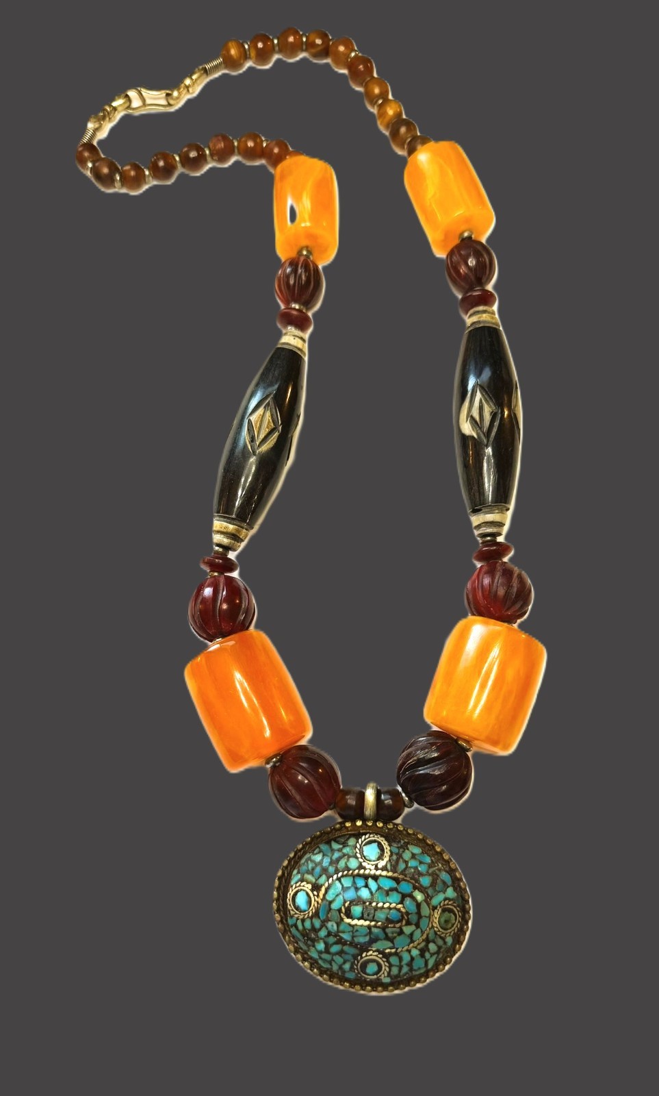 Vintage Tibetan Style Mosaic Pendant Necklace Butterscotch Resin Bone Beads 26″