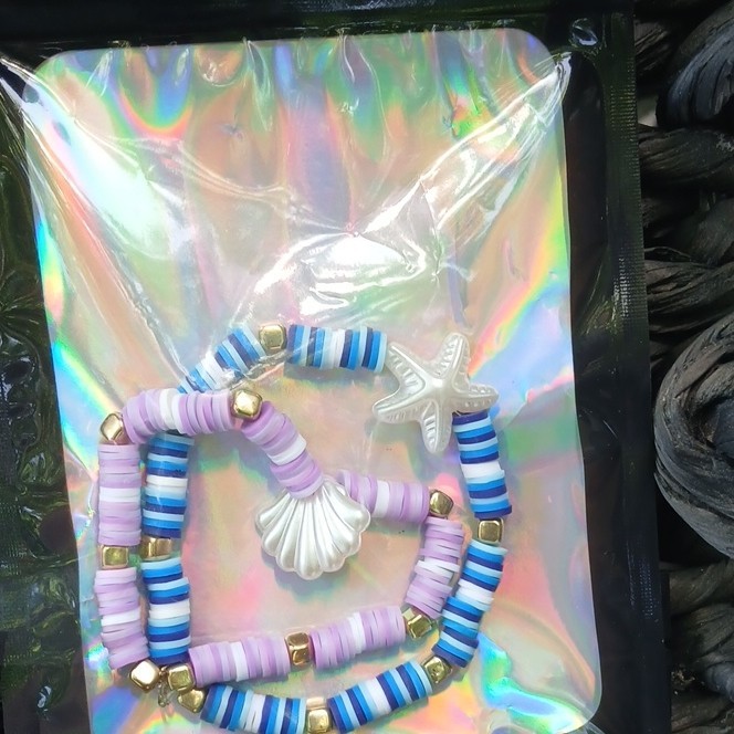 Multicolor Stretch Beaded Charm Bracelets Lot, Beach Theme, Dangle Charms