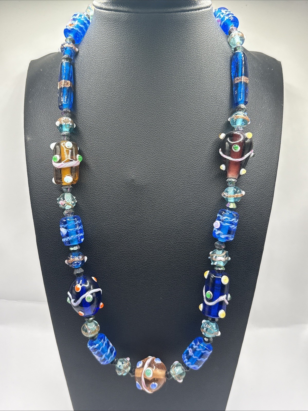 Vintage Artisan Lampwork Glass Beaded Necklace Cobalt Blue Turquoise Copper Tone