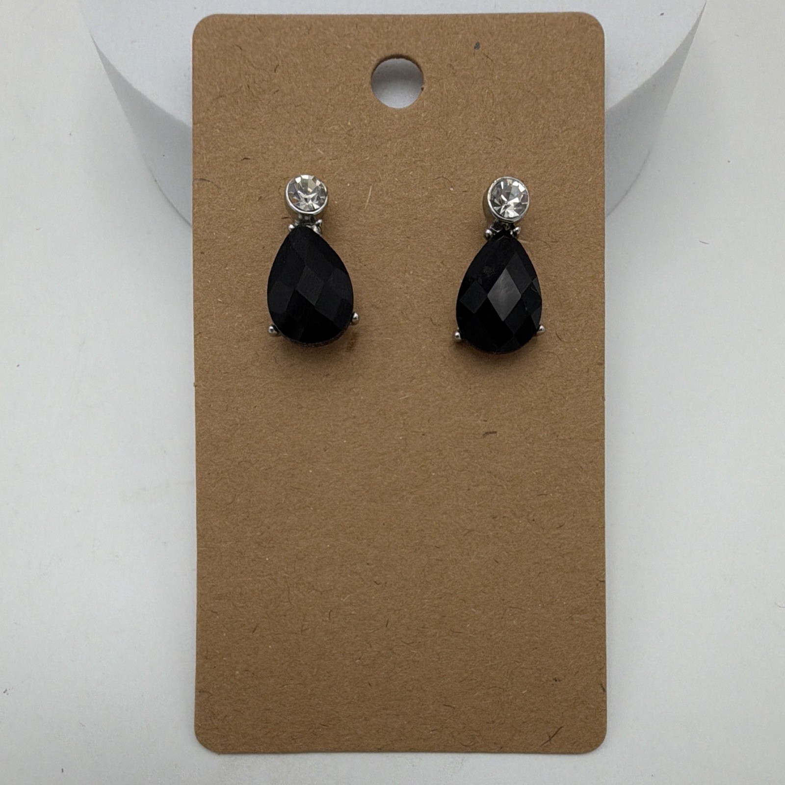 Silver Tone Black Teardrop Crystal Stud Drop Earrings Butterfly Closure .75”