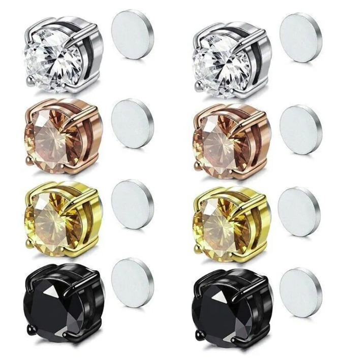 Magnetic Cubic Zirconia Stainless Steel Stud Earrings Mens Womens Non-Piercing