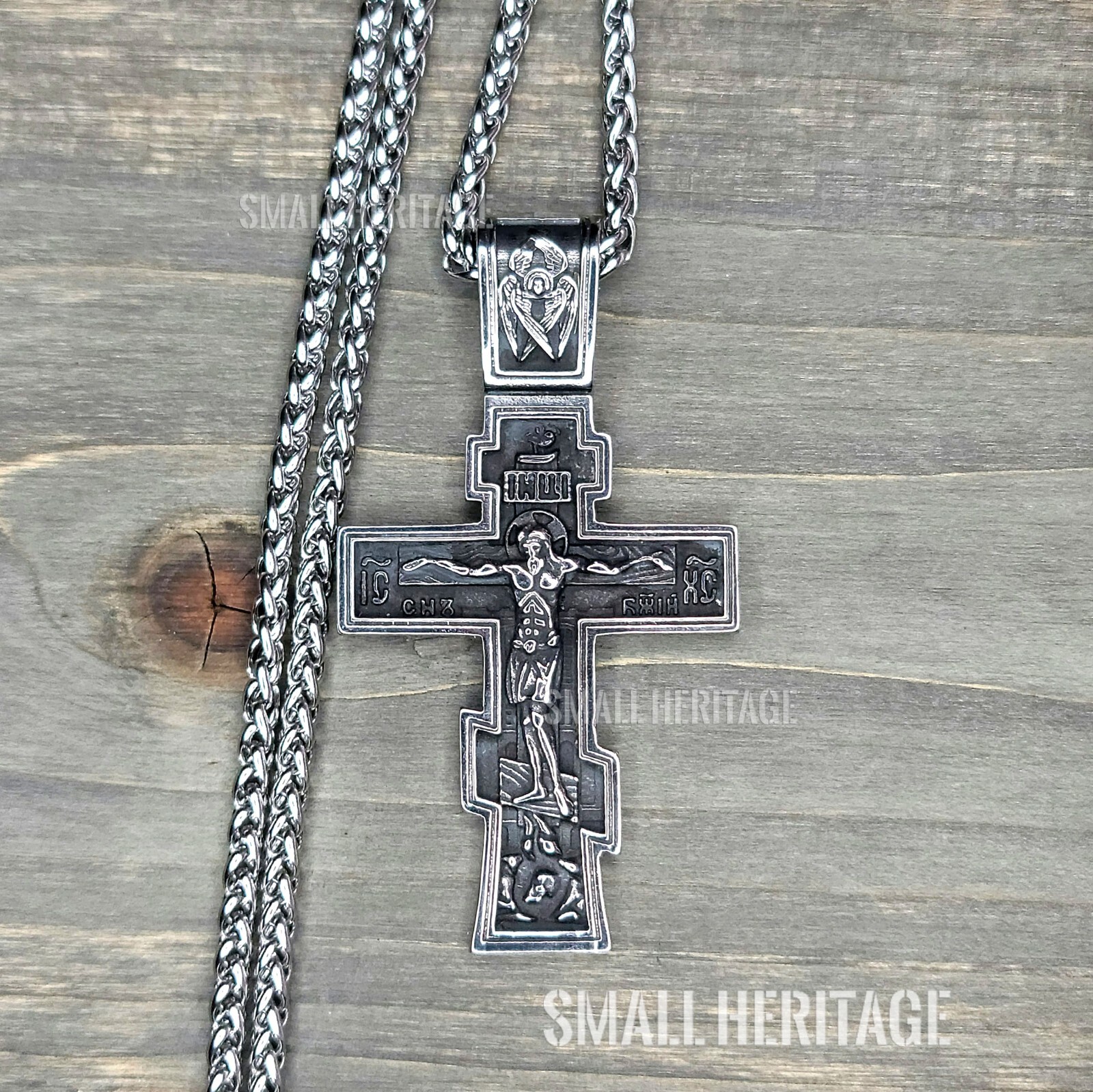 Large Orthodox Cross Necklace Stainless Steel Slavic Crucifix Pendant Men Rope
