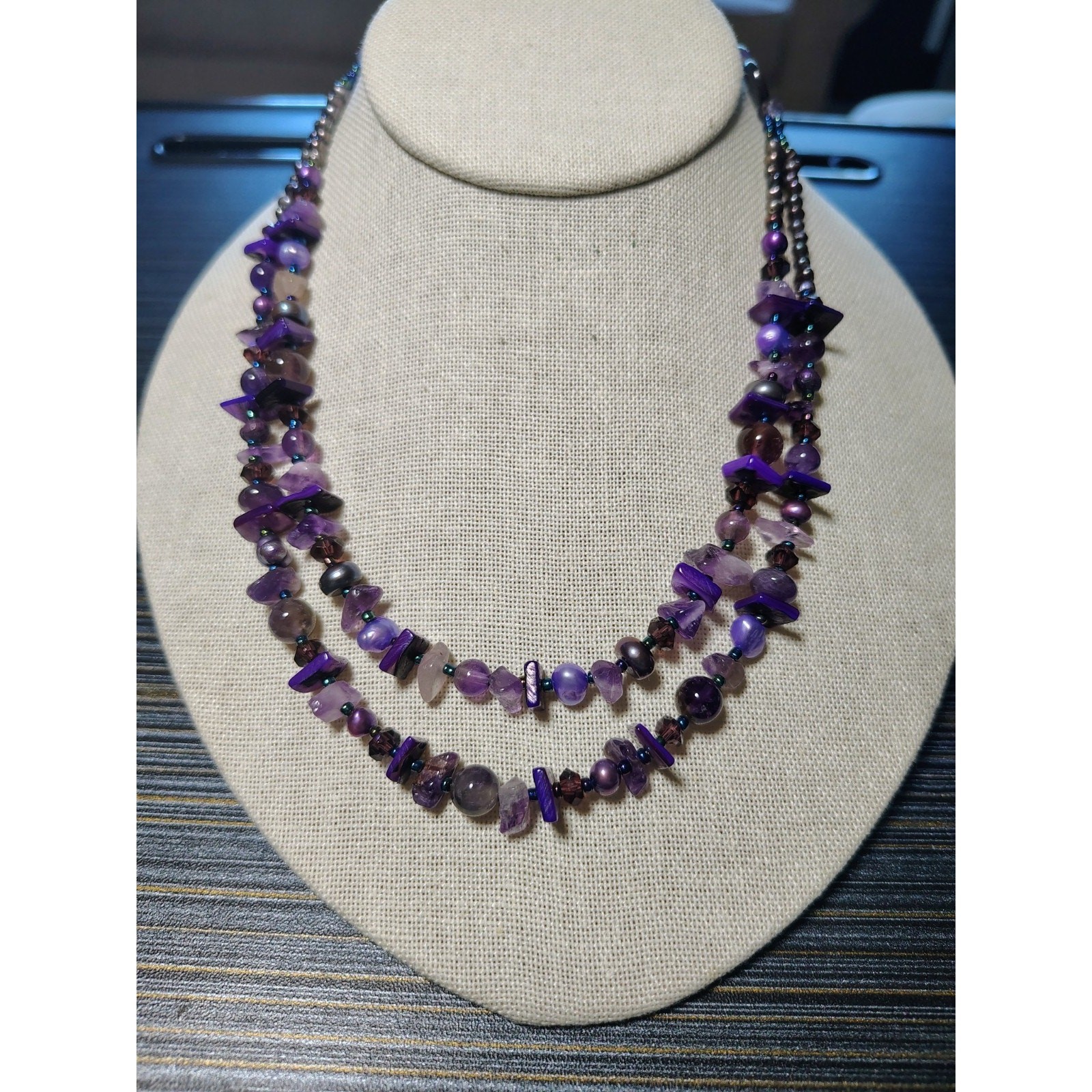 N774 Artisan Double Strand Amethyst Chip Bead Necklace Purple Shell Pearl Boho