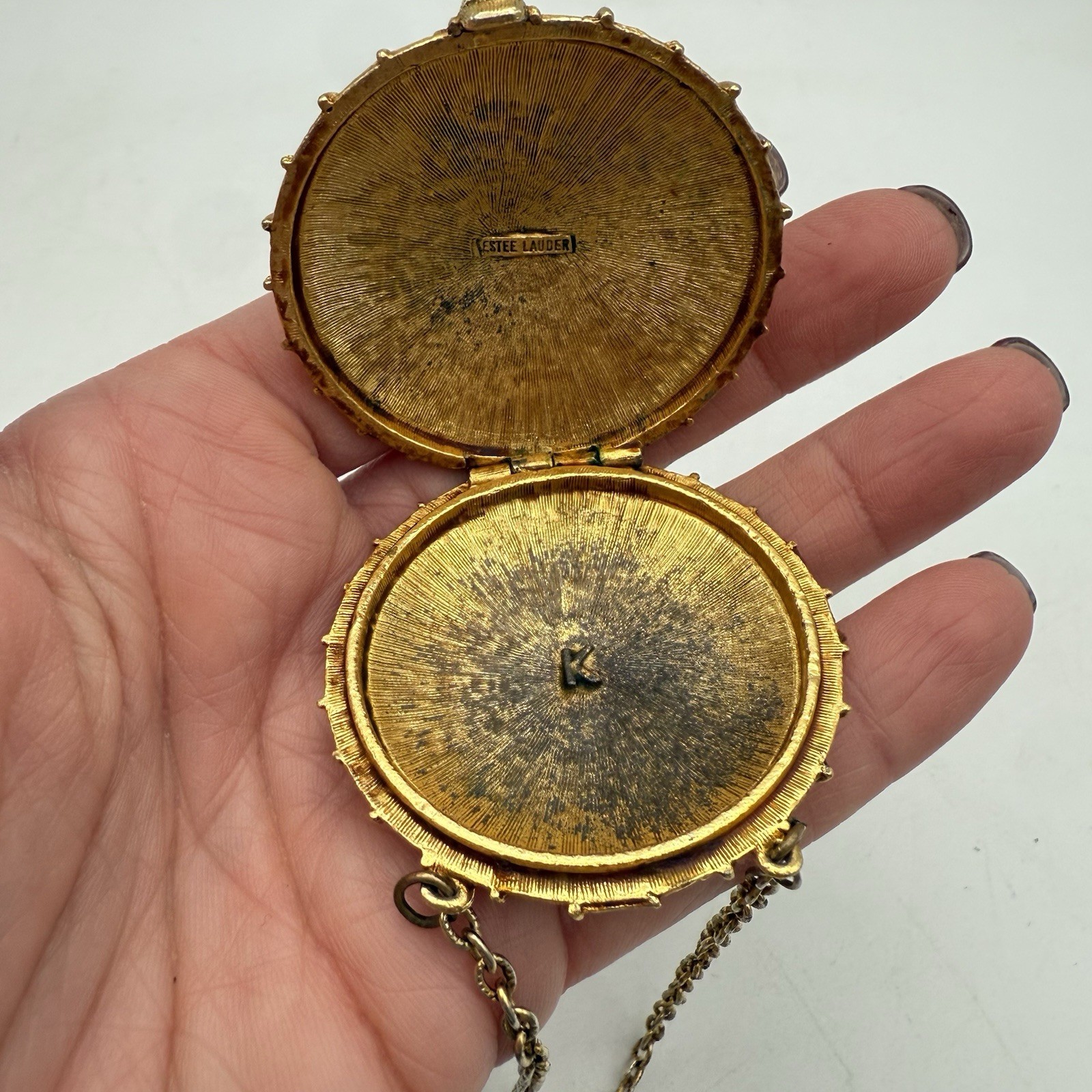 Vintage Estee Lauder Pendant Solid Perfume Compact Blue Cabochon Necklace