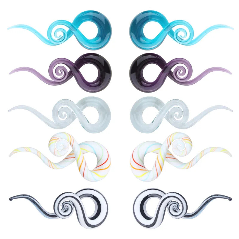 Pair Ear Tunnels Spiral Hand Made Pyrex Glass Earring Tapers Plugs Right & Left