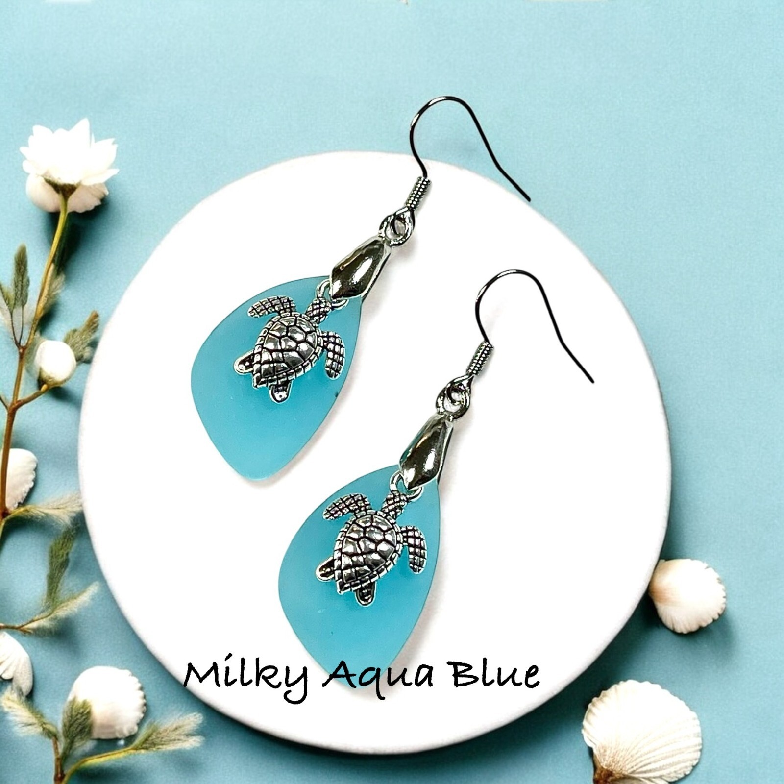 Turtle Earrings, Sea Glass Turtle Earrings,.925 Sterling Silver Ear Wires