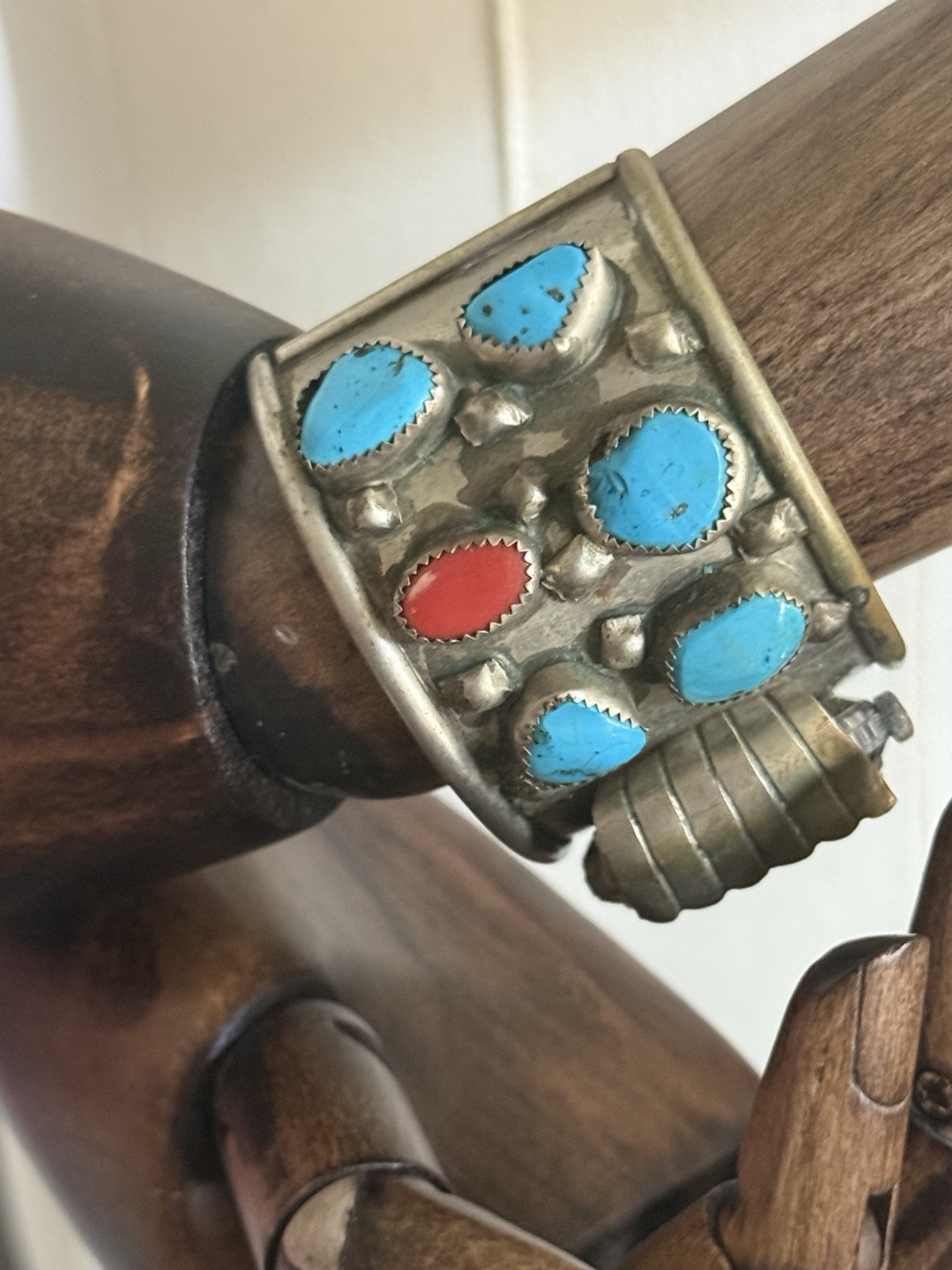 Vintage Navajo Men’s Sterling Silver Turquoise Coral Watch Cuff Croton Runs
