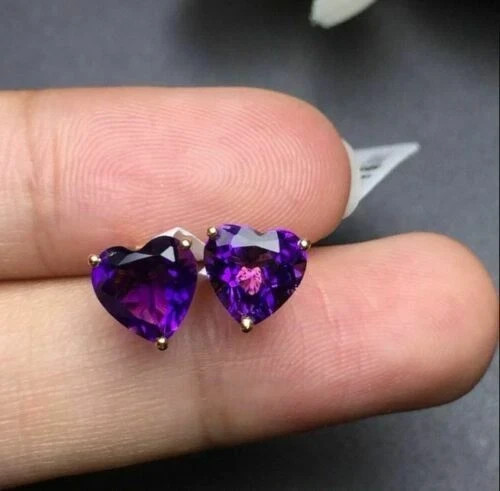 4Ct Heart Cut Simulated Amethyst Solitaire Women Stud Earrings 14K Gold Plated