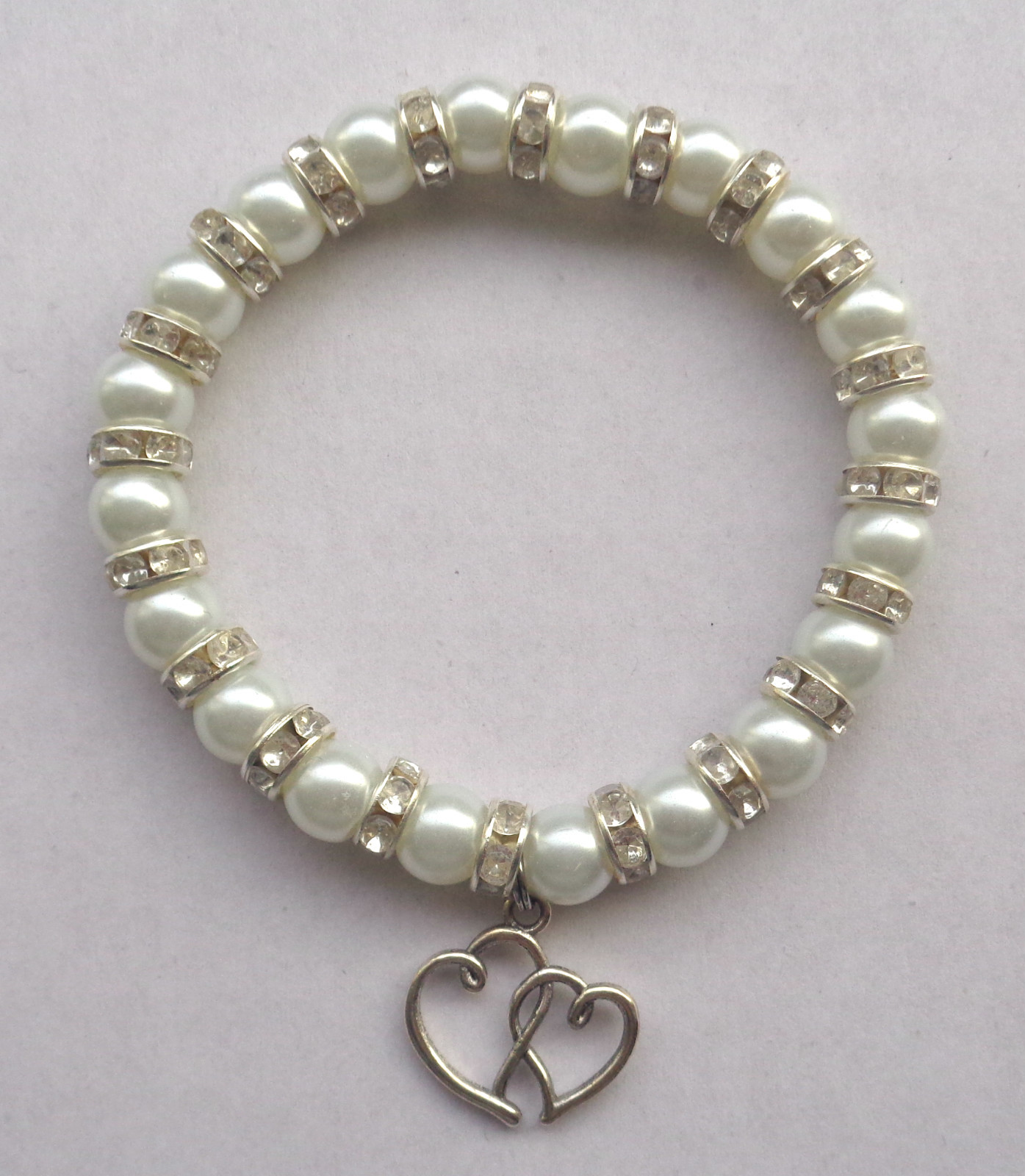 Glass Pearl Diamante Elastic Bracelet with Double Tibetan Heart Charm 10 COLOURS