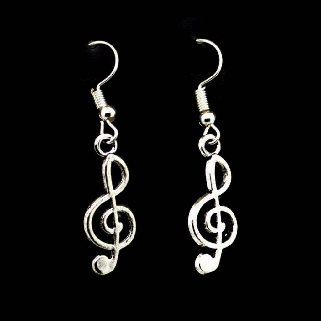 TREBLE CLEF EARRINGS 1″ Silver Tone Stainless Steel Wires Music Musician Gift