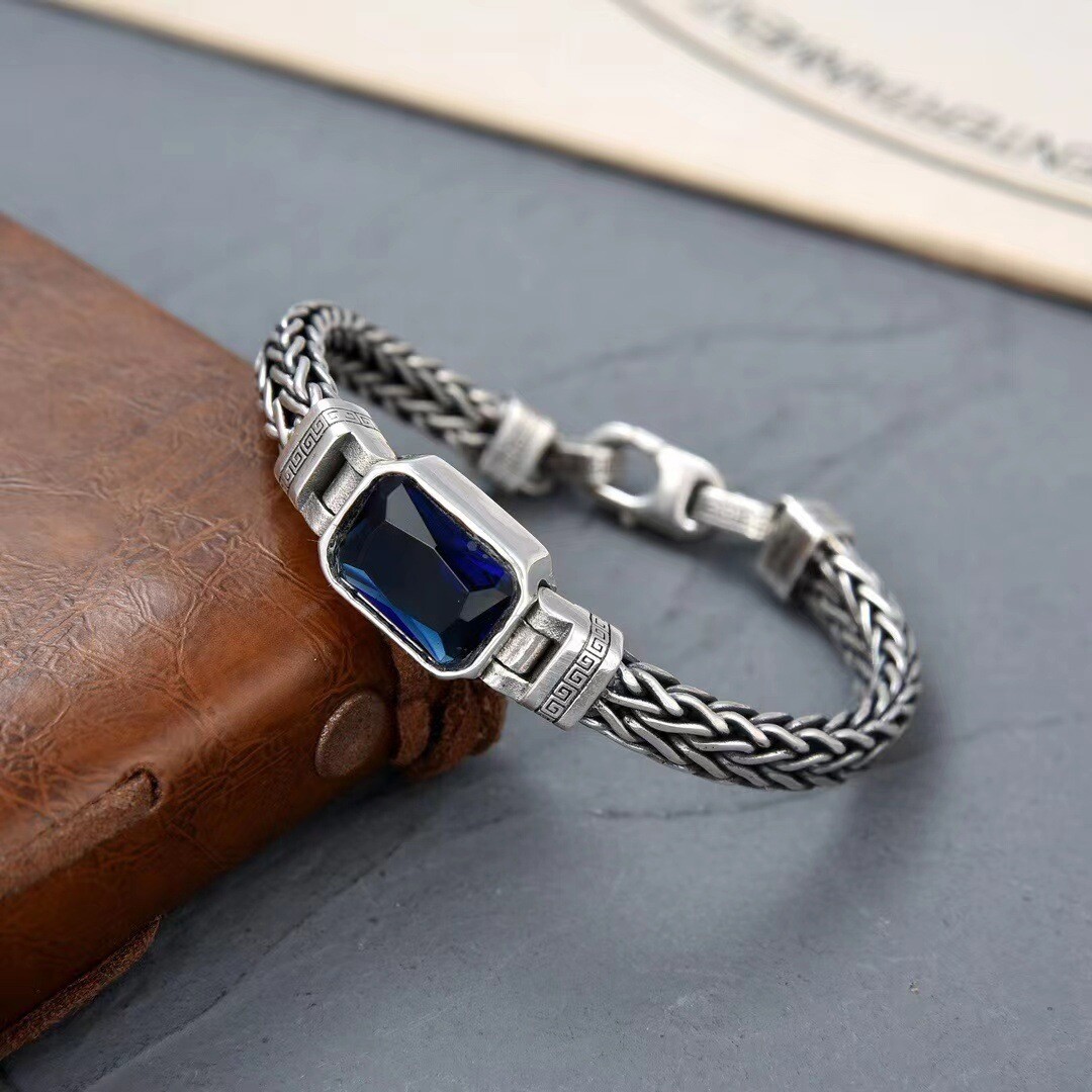 Real 925 Sterling Silver Bracelet Men Blue Zircon Square Wheat Link 7-8.6inch