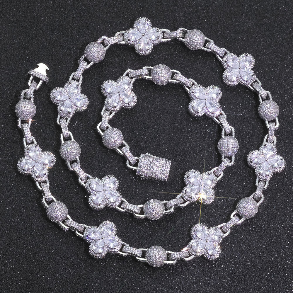 10mm Women’s Four-leaf Clover Iced CZ Out Tennis Chain Bracelet Men Gold Plated
