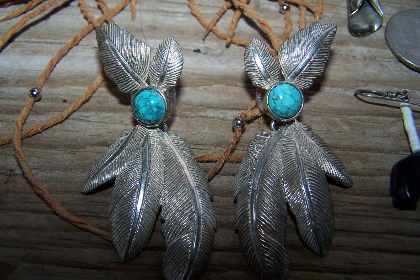 Southwestern Nickle Silver Stone Fetish Feather Squash Blossom Earrings Lot of 6